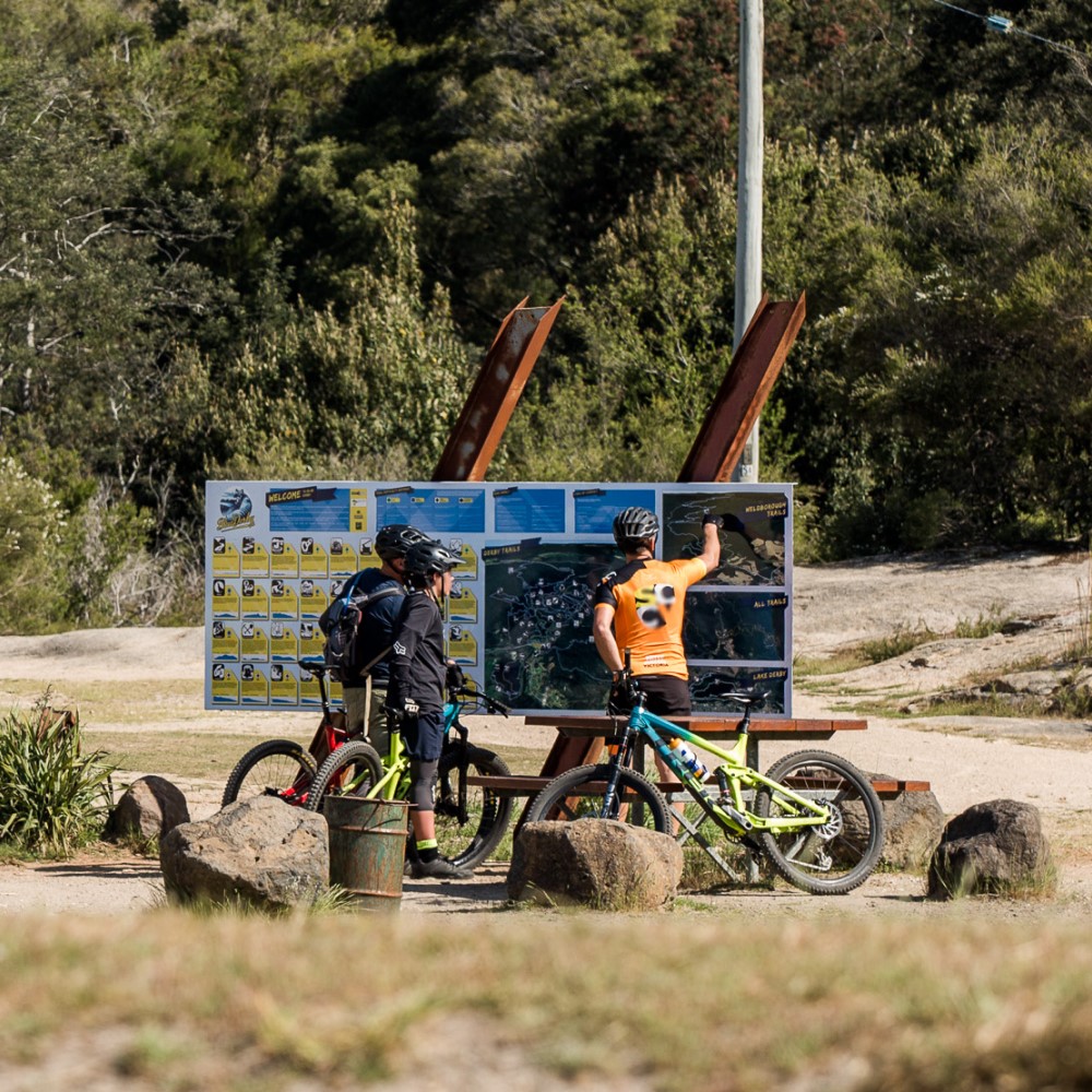 mountain bikers looking at signage and maps