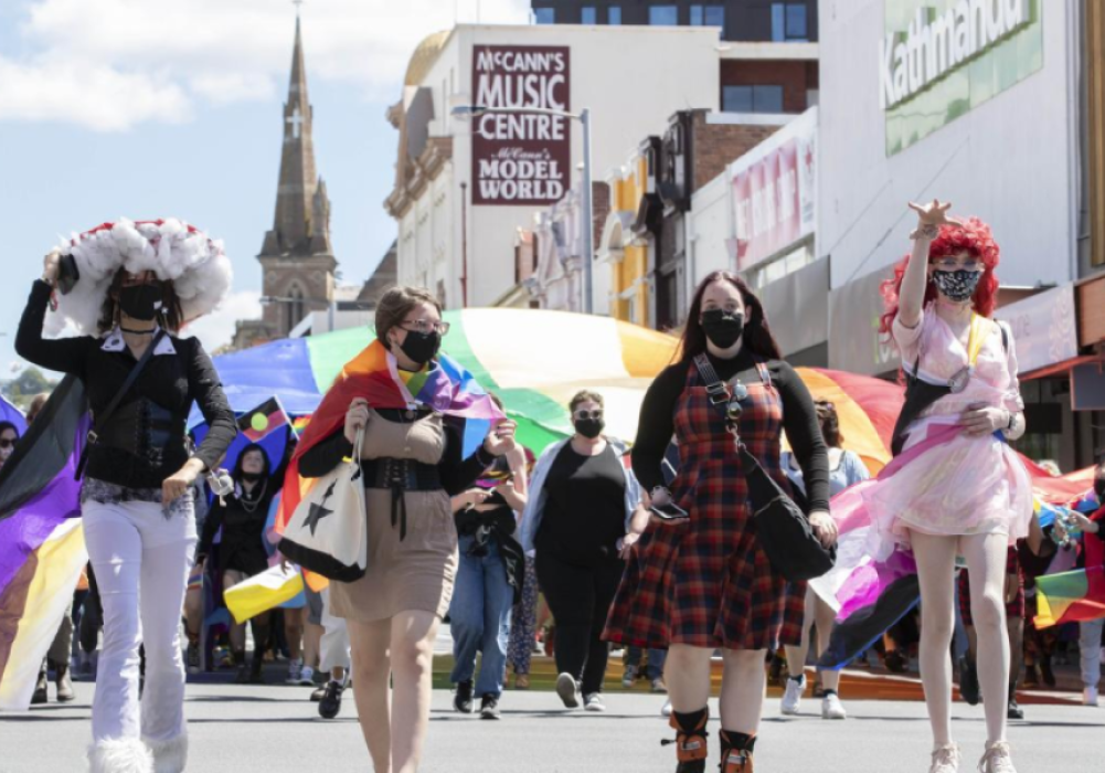 Young women marching in parade