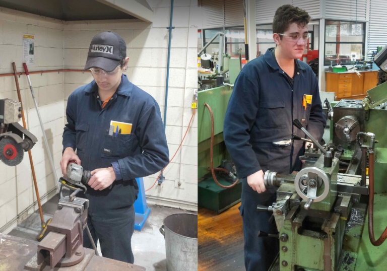 male apprentices using metal working equipment
