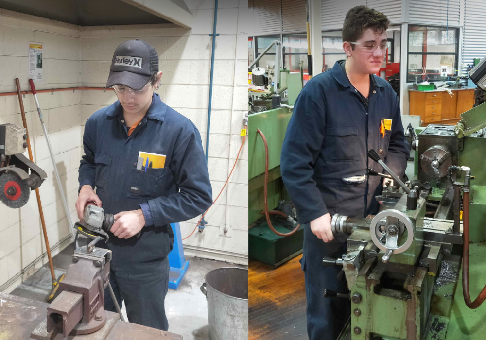 Young males apprentices working with metalworking equipment