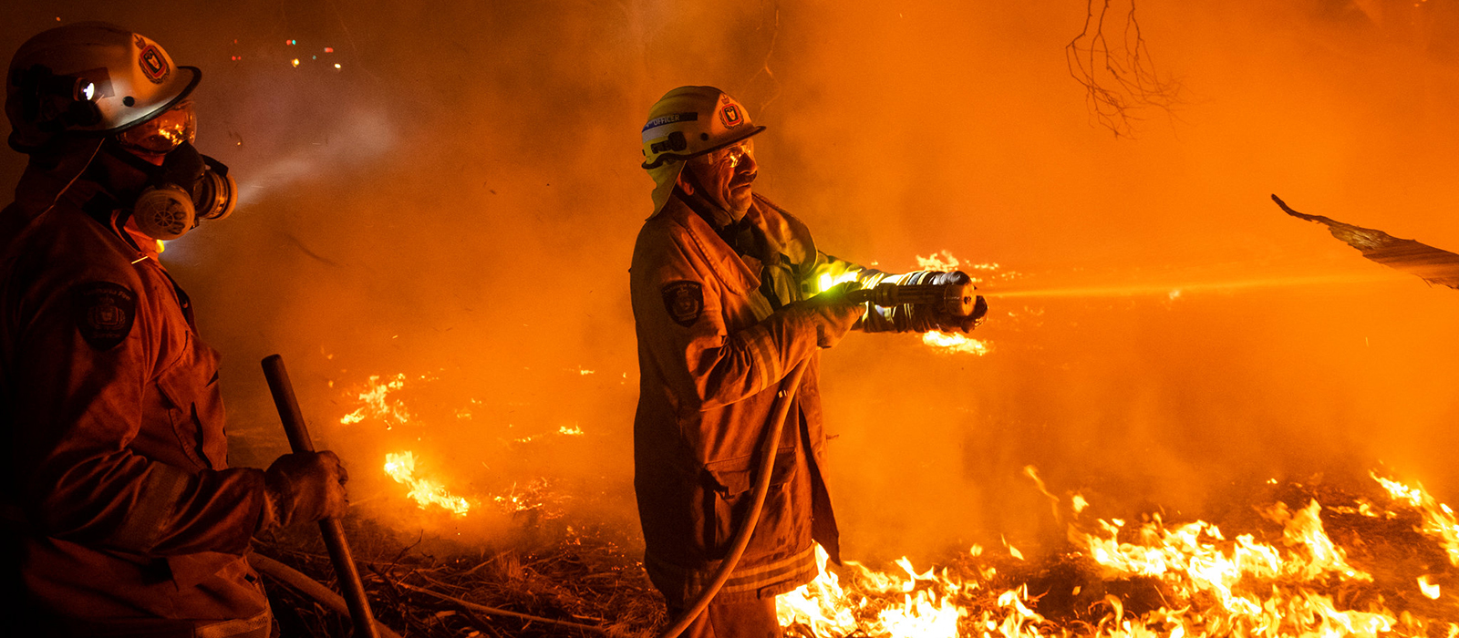 Firefighters in the middle of a bush fire using hoses